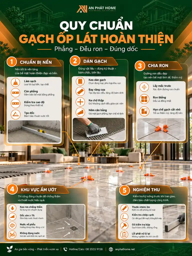 Infographic quy chuẩn gạch ốp lát nhà ở từ chuẩn bị nền, cân bằng gạch đến chà ron và nghiệm thu