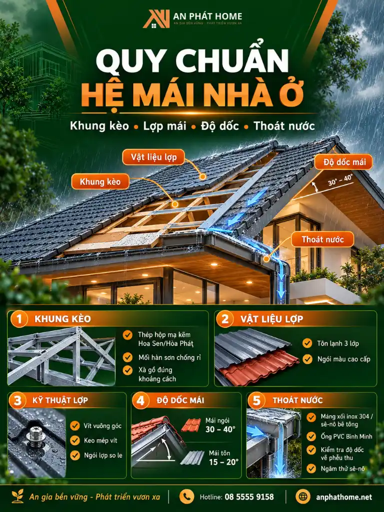 Infographic quy chuẩn hệ mái nhà ở gồm khung kèo, vật liệu lợp và hệ thống thoát nước mưa