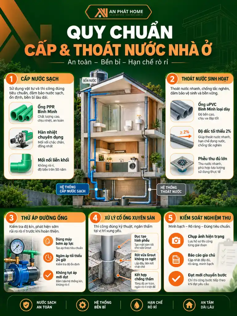 Infographic quy chuẩn hệ thống cấp thoát nước nhà ở từ vật tư đến thử áp và chống thấm cổ ống