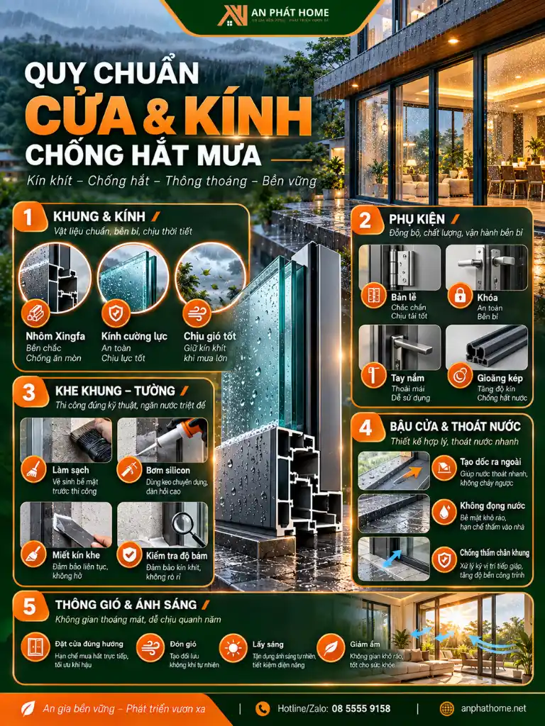 Infographic quy chuẩn hệ thống cửa kính nhà ở chống hắt mưa phù hợp khí hậu Bảo Lộc