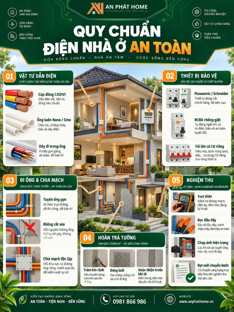 Infographic quy chuẩn hệ thống điện nhà ở từ vật tư chính hãng đến thi công và nghiệm thu điện âm tường