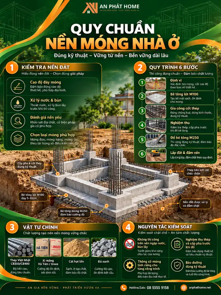 Infographic quy chuẩn nền móng nhà ở với quy trình thi công, nghiệm thu và vật tư kiểm soát tại An Phát Home