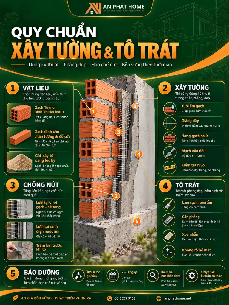 Infographic quy chuẩn xây tường tô trát nhà ở từ lựa chọn vật liệu đến bảo dưỡng hoàn thiện