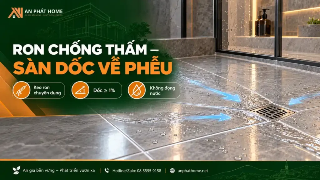 Keo chà ron chống thấm kết hợp độ dốc sàn vệ sinh tối thiểu 1 phần trăm về phễu thu