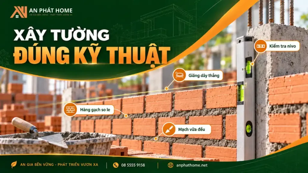 Kỹ thuật xây tường gạch với hàng gạch so le, mạch vữa đều và kiểm tra độ thẳng bằng nivo