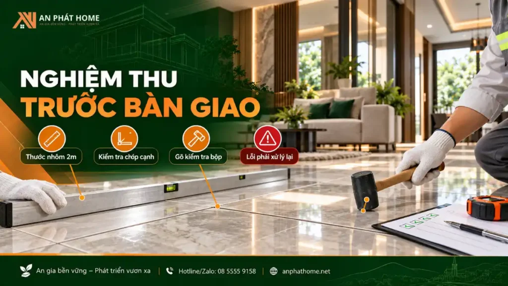 Nghiệm thu gạch ốp lát bằng thước nhôm 2m và kiểm tra độ rỗng trước khi bàn giao nhà