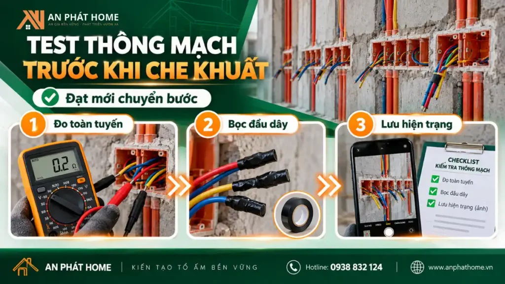 Kiểm tra thông mạch hệ thống điện bằng đồng hồ VOM trước khi tô trát và đóng trần