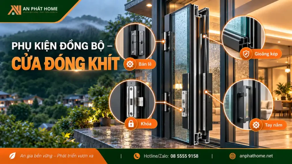 Phụ kiện cửa nhôm kính đồng bộ với gioăng cao su kép giúp tăng độ kín khít