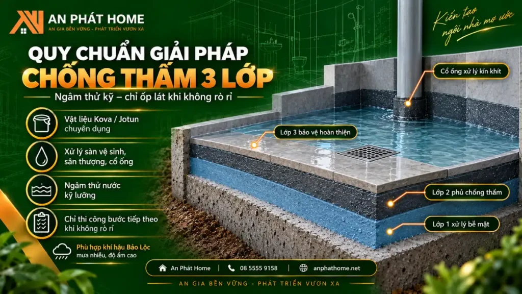 Quy chuẩn chống thấm 3 lớp cho nhà ở tại Bảo Lộc với ngâm thử nước và xử lý kín cổ ống