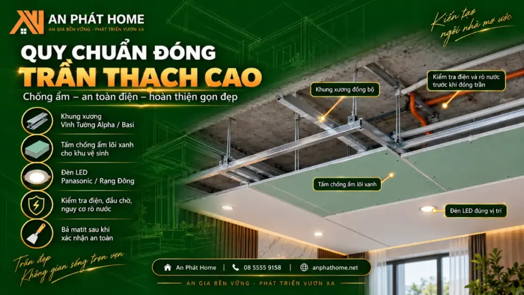 Quy chuẩn đóng trần thạch cao chống ẩm, kiểm tra hệ điện và bố trí đèn LED an toàn trước khi hoàn thiện
