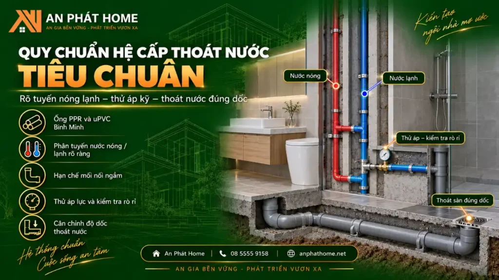 Quy chuẩn hệ cấp thoát nước nhà ở với tuyến nóng lạnh rõ ràng, thử áp và kiểm soát độ dốc thoát sàn