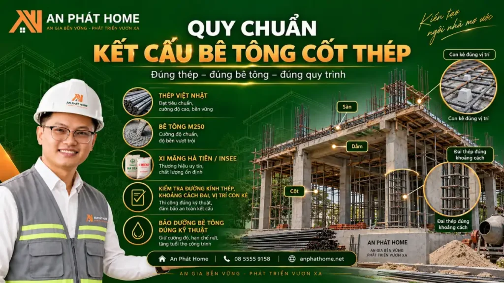 Quy chuẩn kết cấu bê tông cốt thép nhà ở với thép đúng tiêu chuẩn, bê tông M250 và kiểm soát con kê