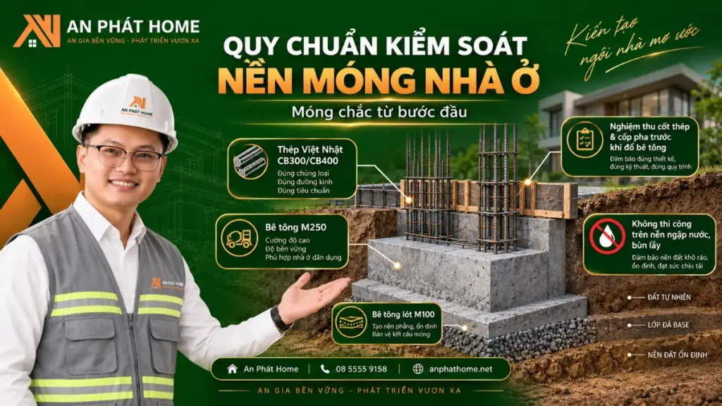 Quy chuẩn kiểm soát nền móng nhà ở với thép, bê tông và nghiệm thu trước khi đổ móng