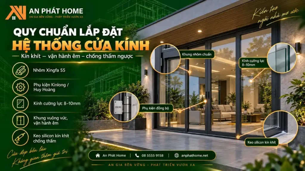 Quy chuẩn lắp đặt cửa kính nhà ở với nhôm Xingfa 55, kính cường lực và keo silicon chống thấm