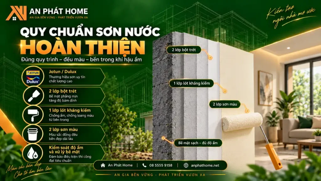 Quy chuẩn sơn nước hoàn thiện với 2 lớp bột trét, sơn lót kháng kiềm và 2 lớp sơn màuQuy chuẩn sơn nước hoàn thiện với 2 lớp bột trét, sơn lót kháng kiềm và 2 lớp sơn màu