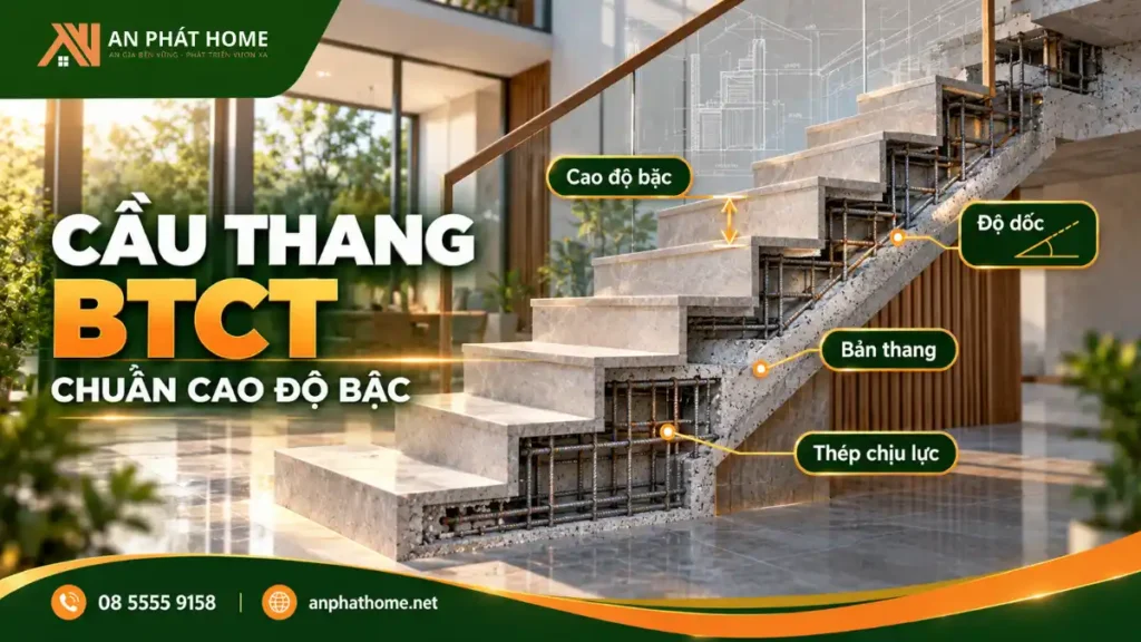 Quy chuẩn thi công cầu thang bê tông cốt thép với cao độ bậc, thép chịu lực và độ dốc đúng kỹ thuật
