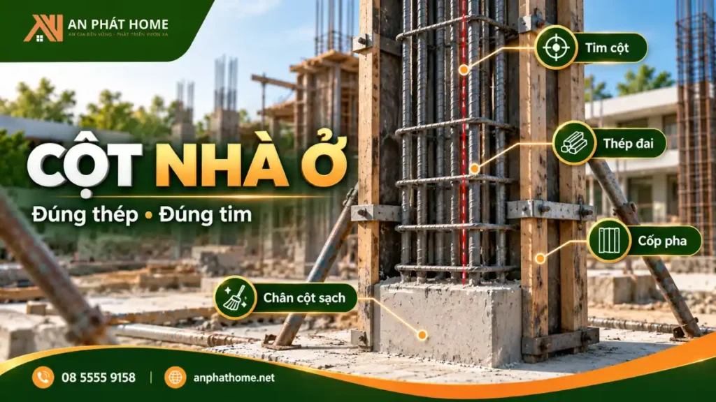 Quy chuẩn thi công cột bê tông cốt thép nhà ở với thép đúng thiết kế và kiểm tra tim cột trước khi đổ bê tông