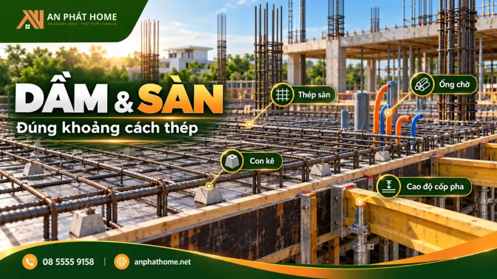 Quy chuẩn thi công dầm sàn bê tông cốt thép với thép đúng khoảng cách, con kê và nghiệm thu trước khi đổ bê tông