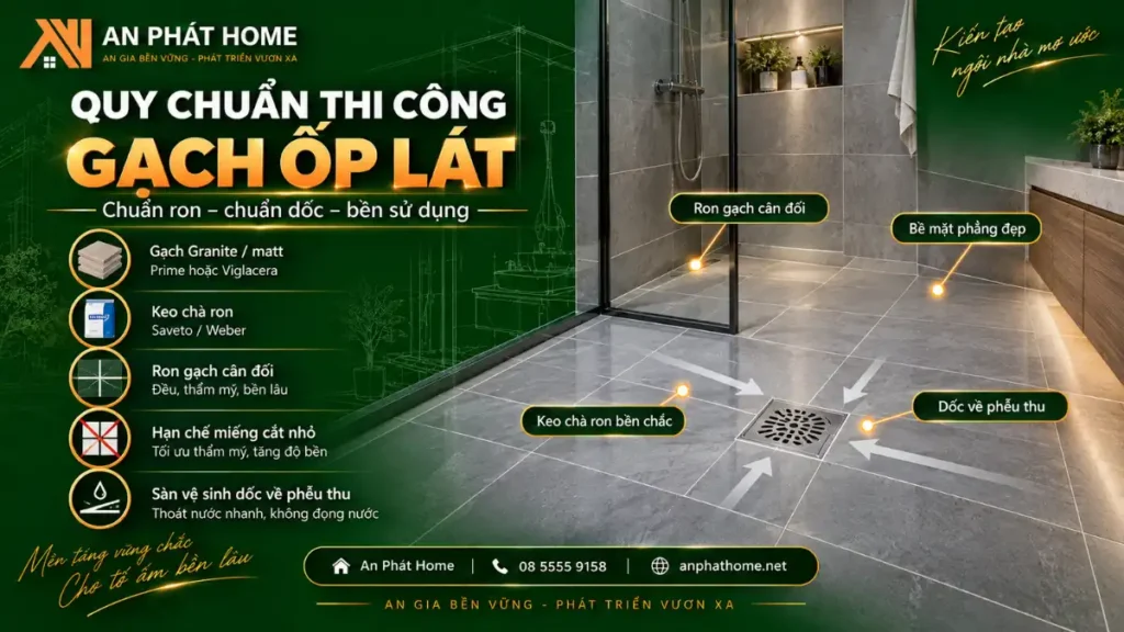 Quy chuẩn thi công gạch ốp lát với ron cân đối, bề mặt phẳng và độ dốc sàn vệ sinh về phễu thu