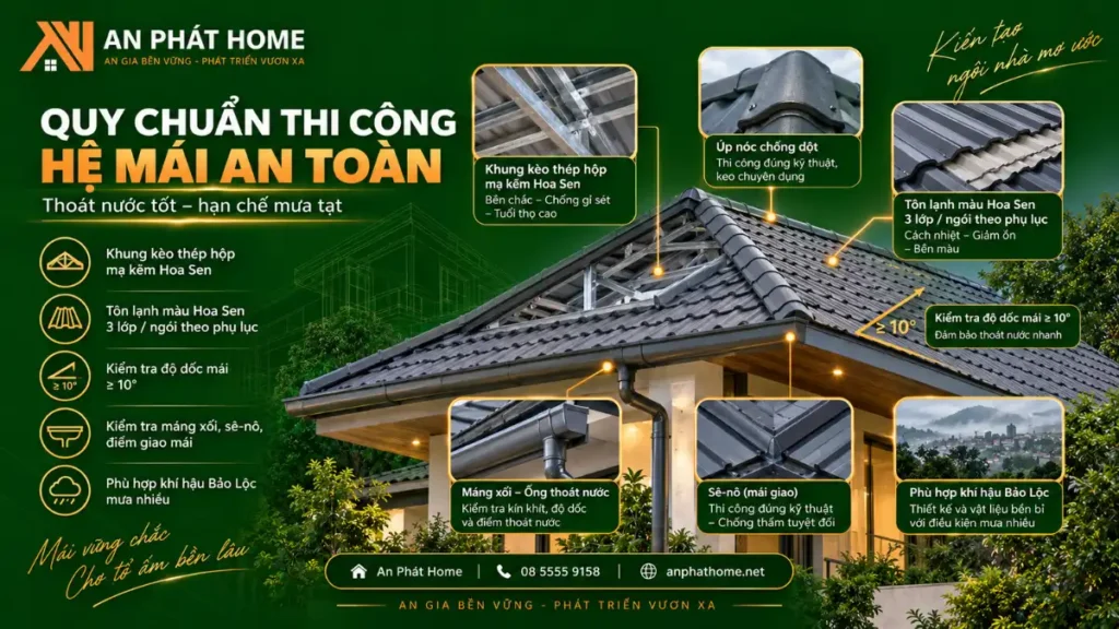 Quy chuẩn thi công hệ mái an toàn, thoát nước tốt và phù hợp khí hậu mưa nhiều tại Bảo Lộc