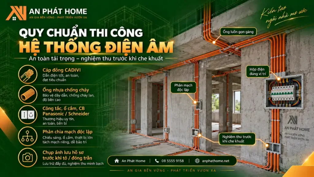 Quy chuẩn thi công hệ thống điện âm an toàn với cáp CADIVI, ống chống cháy và nghiệm thu trước khi che khuất