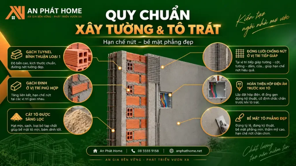 Quy chuẩn xây tường và tô trát giúp hạn chế nứt, kiểm soát lưới chống nứt và hộp điện âm