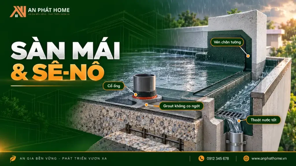 Quy trình chống thấm sàn mái và sê-nô với xử lý chân tường và cổ ống xuyên sàn