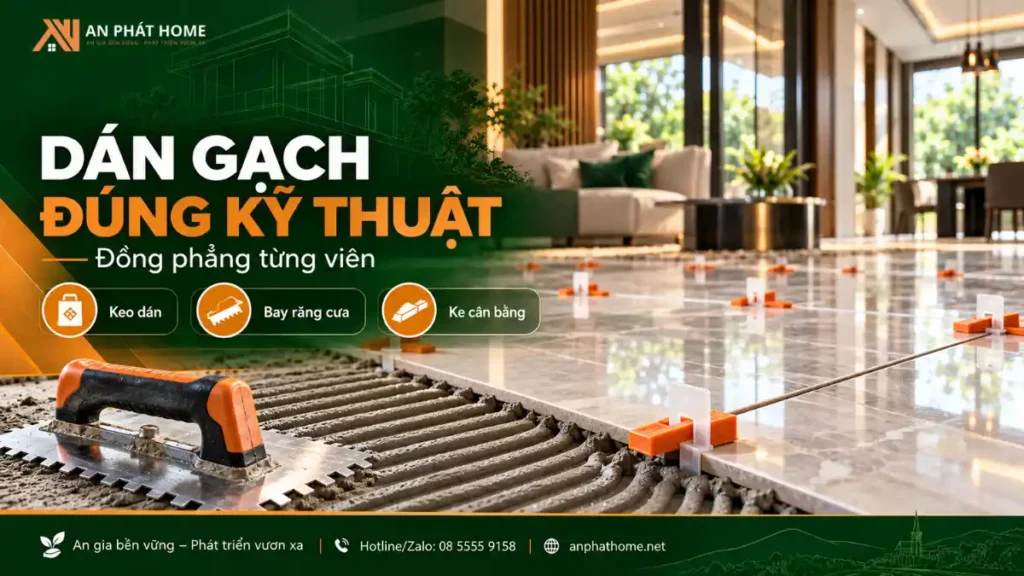 Thi công gạch bằng keo dán, bay răng cưa và ke cân bằng giúp bề mặt đồng phẳng