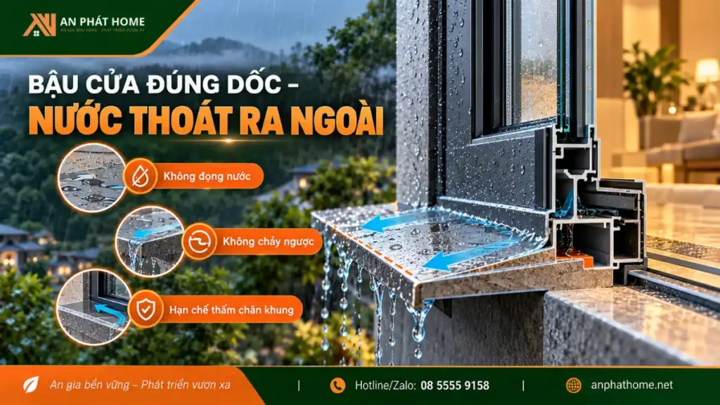Thiết kế bậu cửa có độ dốc ra ngoài giúp hạn chế nước mưa đọng tại chân khung nhôm