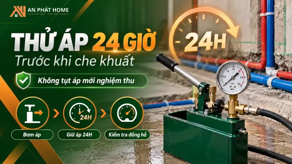 Thử áp lực đường ống cấp nước ngầm trong 24 giờ trước khi tô tường và hoàn thiện