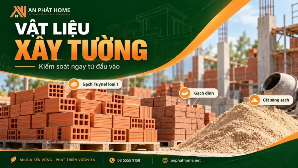 Vật liệu xây tường gồm gạch Tuynel loại 1, gạch đinh và cát xây tô được sàng lọc kỹ