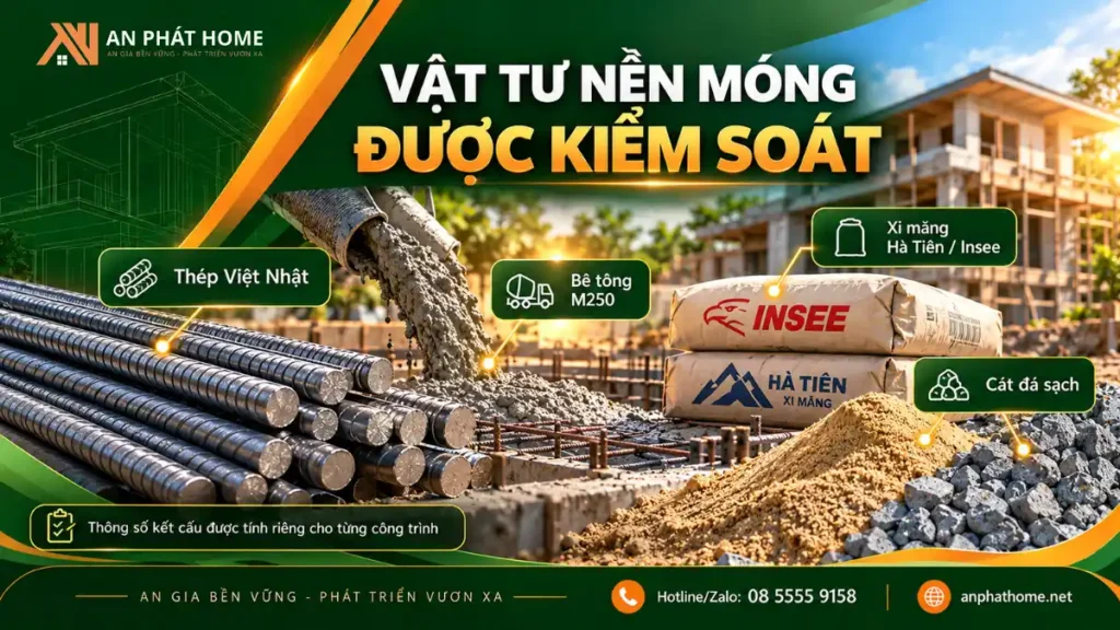Vật tư thi công nền móng nhà ở gồm thép Việt Nhật, bê tông M250, xi măng Hà Tiên Insee và cát đá đạt chuẩn