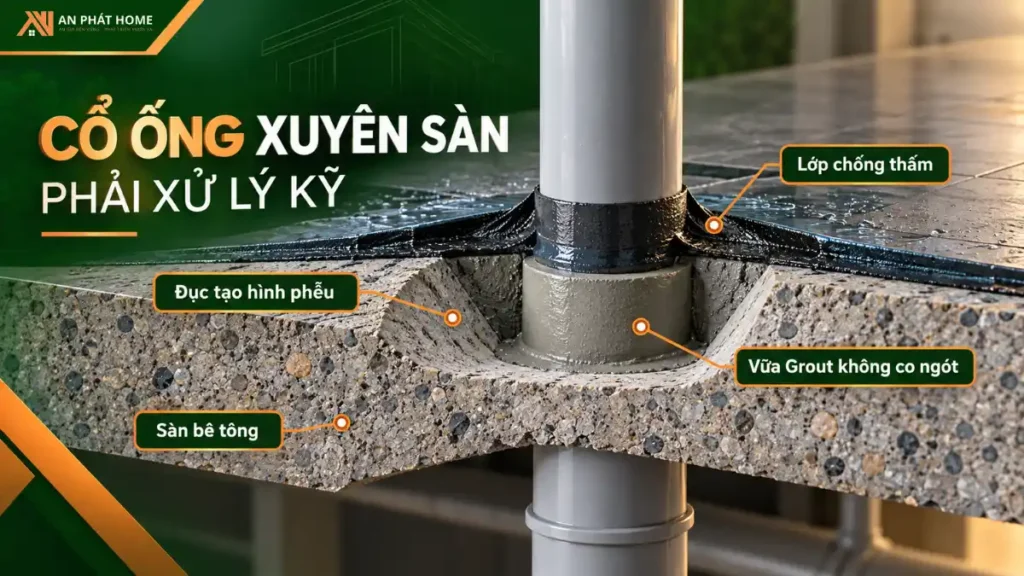 Xử lý chống thấm cổ ống xuyên sàn bằng vữa Grout không co ngót và lớp chống thấm