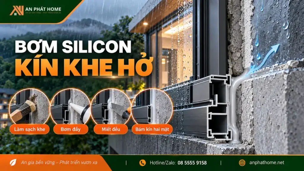 Xử lý khe hở giữa khung nhôm và tường bằng keo silicon chuyên dụng chống hắt mưa