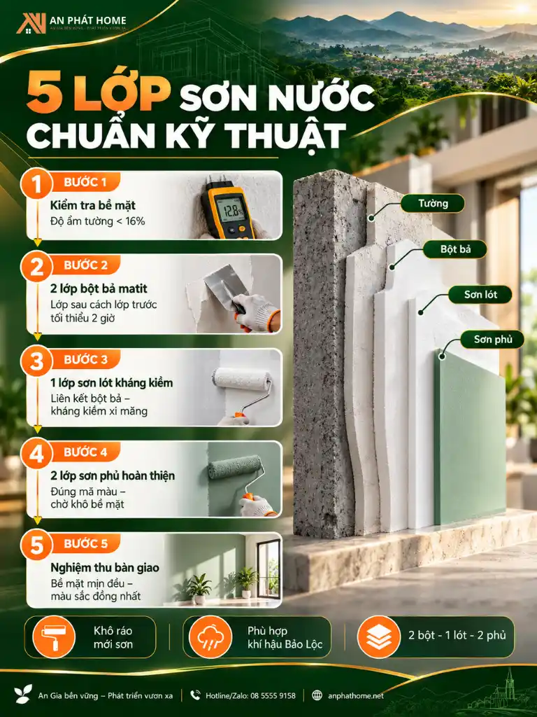 Infographic quy chuẩn sơn nước với quy trình 2 bột 1 lót 2 phủ tại Bảo Lộc