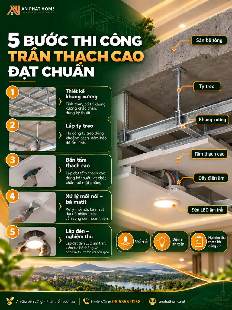 Infographic quy chuẩn trần thạch cao với quy trình thi công và chiếu sáng an toàn