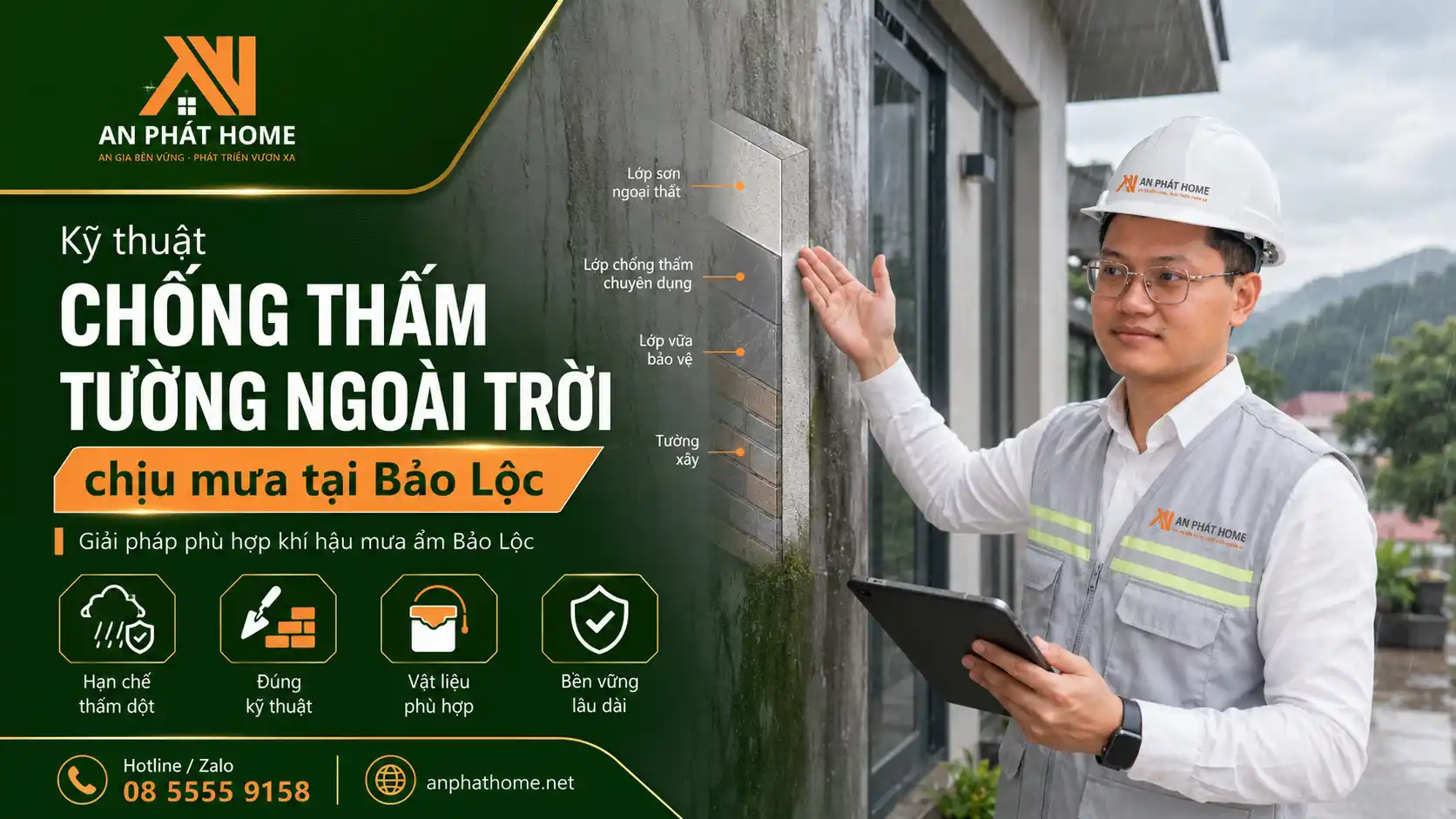 Kỹ thuật chống thấm tường ngoài trời chịu mưa tại Bảo Lộc