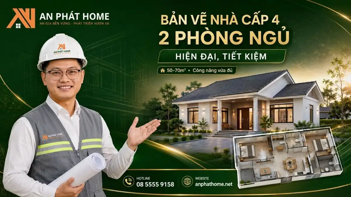 Bản Vẽ Nhà Cấp 4 Nông Thôn 2 Phòng Ngủ Hiện Đại, Tiết Kiệm